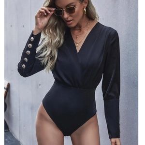 Black Elegant V neck Bodysuit Surplice Decolleté Long Sleeves